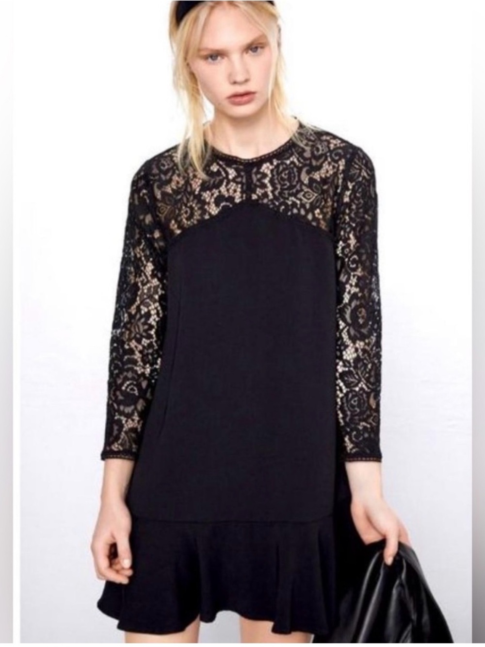 Zara Black Lace Long Sleeve Ruffle Hem Shift Dress NWT Size M
